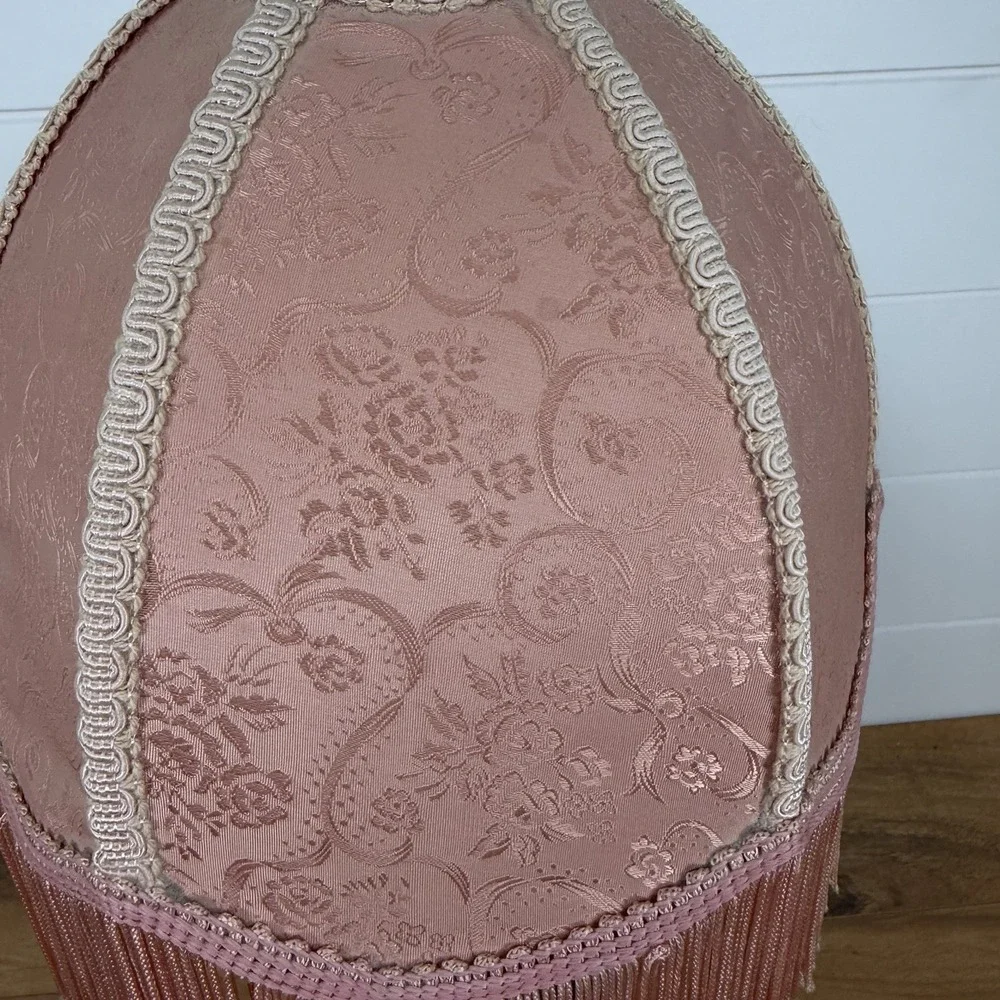 Vtg Victorian Fringed Lamp Shade Only Art Nouveau Brocade Panels Scalloped Edge